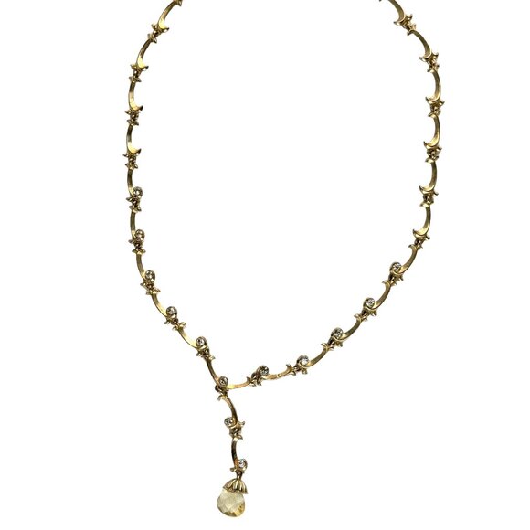 Vintage Gold and Vine, Y Necklance, Birolette Glass and Rhinestones, Pendant - Picture 2 of 14